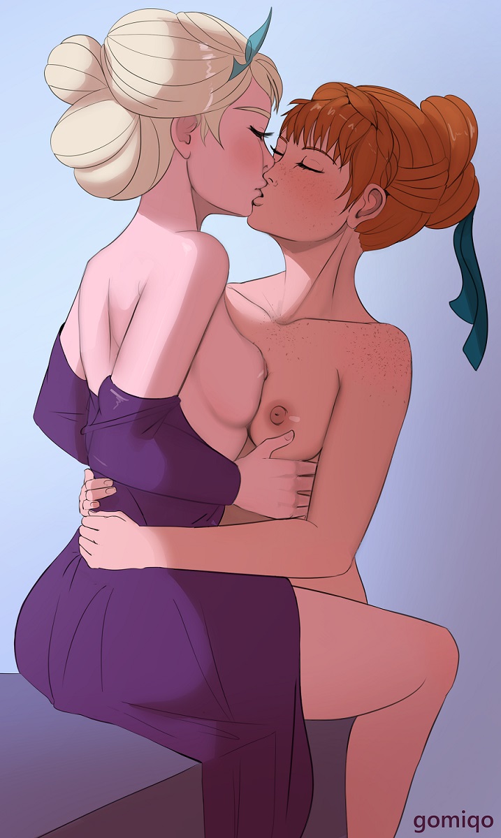2_girls 2girls anna_(frozen) blonde blonde_hair breasts closed_eyes clothed_female_nude_female elsa elsa_(frozen) english_text female female/female female_human female_only freckles frozen_(movie) gomiqo hair_bun human human/human incest kissing mostly_nude no_bra red_hair redhead siblings sister_and_sister sisters yuri