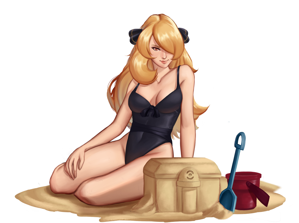 1girl black_swimsuit blonde_hair cleavage cynthia cynthia_(pokemon) female female_human female_only hair_over_one_eye long_hair mostly_nude one-piece_swimsuit pokemon shirona_(pokemon) sitting solo swimsuit transparent_background