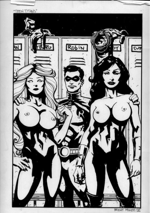 1boy 2girls big_breasts breasts dc dc_comics dick_grayson donna_troy dressing_room hand_on_shoulder koriand'r monochrome multiple_girls muscle nude robin starfire teen_titans wonder_girl