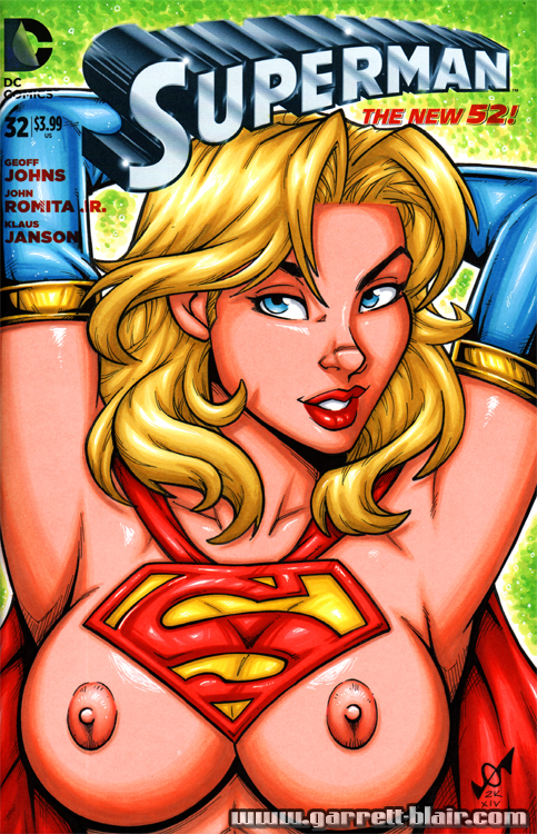 1girl 2014 blonde blue_eyes breasts comic comic_cover cover dc_comics female_only garrett_blair nipples solo_female supergirl upper_body