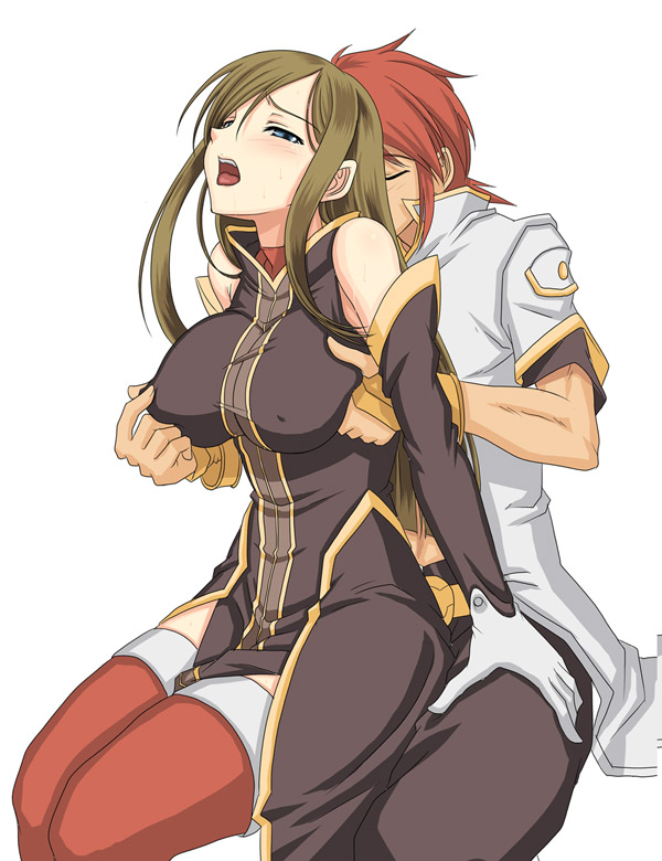 1boy 1girl bangs blue_eyes blush breast_grab breasts brown_hair closed_eyes dress elbow_gloves erect_nipples fingerless_gloves gloves grabbing groping hair hair_over_one_eye huge_breasts impossible_clothes impossible_clothing impossible_dress large_breasts long_hair luke_fon_fabre midriff nipple_pinch nipple_tweak open_mouth parted_bangs red_hair red_legwear short_hair shunzou simple_background sitting sitting_on_lap sitting_on_person sweat tales tales_of_(series) tales_of_the_abyss tear tear_grants thighhighs tongue turtleneck white_background