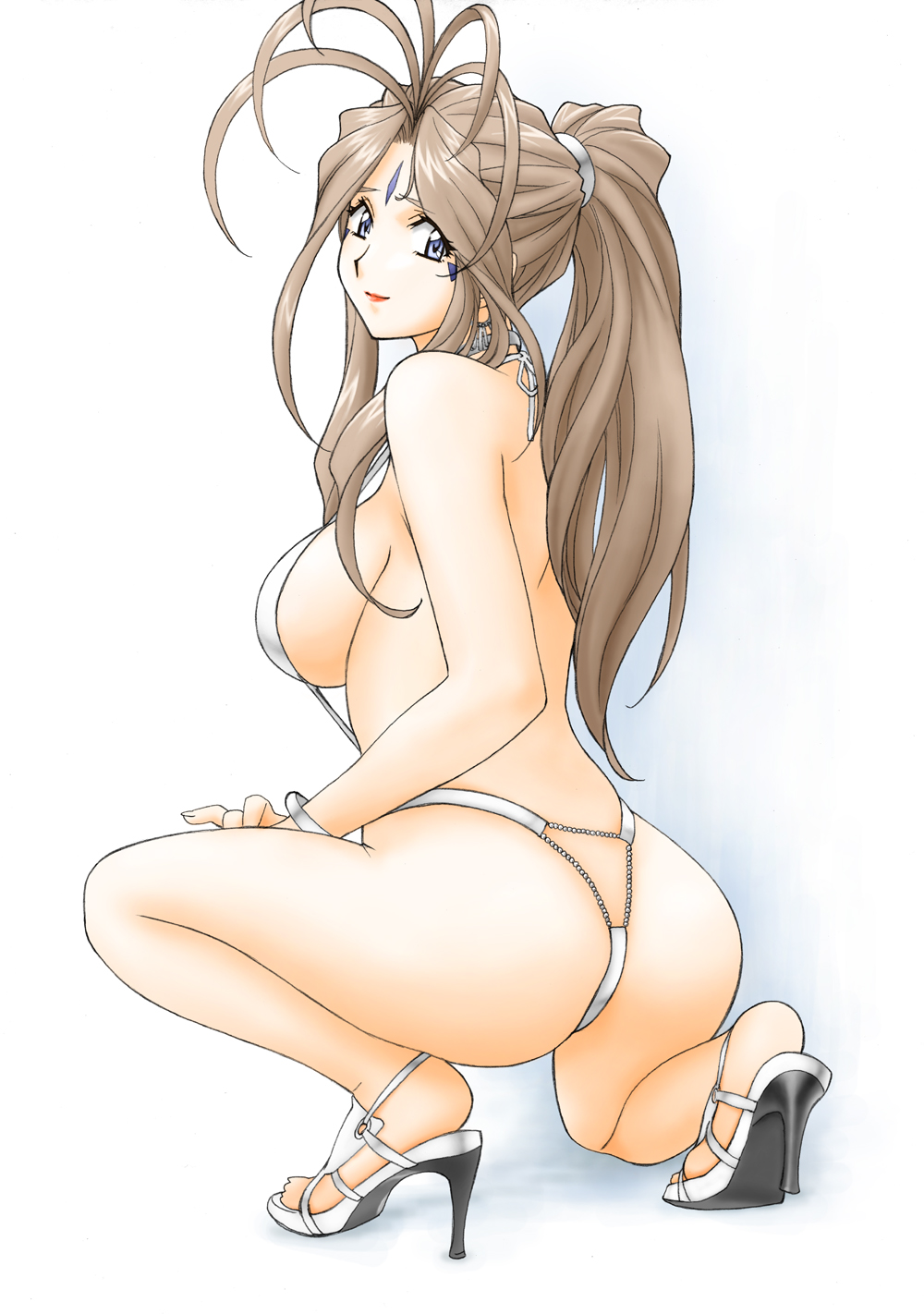 1girl aa_megami-sama antenna_hair ass bangle belldandy blue_eyes bracelet breasts brown_hair earrings facial_mark forehead_mark high_heels highres jewelry joy_division kneeling large_breasts legs lipstick makeup oh_my_goddess! one-piece_thong ponytail shoes sideboob sling_bikini solo swimsuit thighs