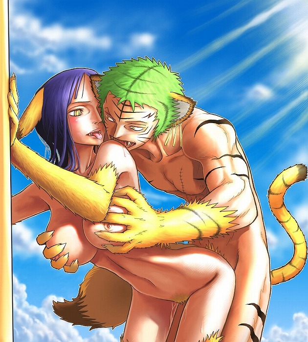 1girl animal_ears artist_request bent_over breast_grab breasts cat from_behind furry grabbing muscle nico_robin nipples nude one_piece outdoors outside penis pubic_hair pussy roronoa_zoro sex tail tiger tongue vaginal yellow_eyes