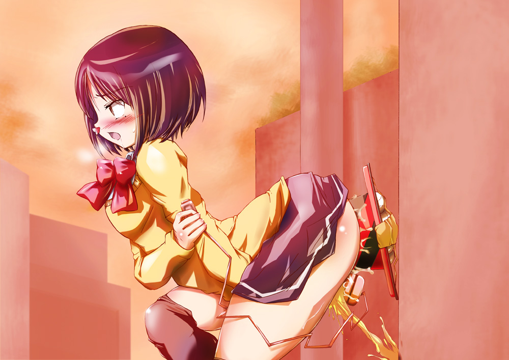 1girl anal artist_request ass big_ass blood blush character_request cone extreme_insertion large_insertion leg_lift nosebleed object_insertion open_mouth orgasm outdoors public ribbon school_uniform short_hair solo thighhighs traffic_cone vibrator
