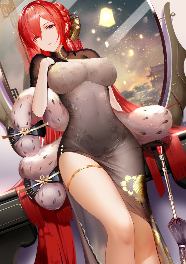 1girl adjusting_clothes alternate_costume azur_lane backless_outfit bangs big_breasts black_dress black_gloves chinese_clothes classysexy cleavage covered_navel crown_braid dutch_angle erection_under_clothes eyes_mostly_closed gold_trim hair_between_eyes higandgk high_resolution impossible_clothes impossible_dress looking_at_viewer monarch_(azur_lane) new_year non-nude open_mouth oriental_umbrella parted_lips sidelocks standing thigh_strap