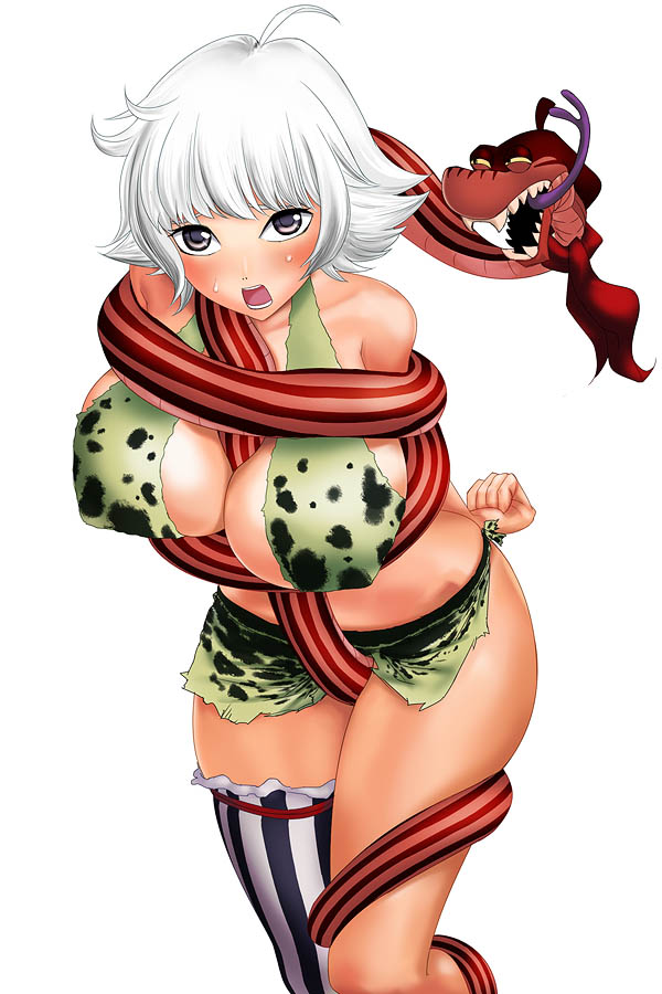 1girl alternate_color alternate_hair_color amazon asymmetrical_clothes between_breasts blush bodai breasts large_breasts marguerite one_piece one_thighhigh short_hair single_thighhigh snake solo thighhighs white_hair