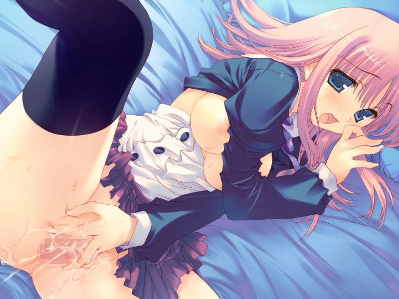 1girl bed big_breasts blue_eyes blush breasts censored game_cg hair kouno_harumi large_breasts leg_lift milfa miniskirt mitsumi_misato no_panties open_clothes open_shirt pink_hair pussy pussy_juice shirt skirt solo spread_legs spread_pussy thighhighs to_heart_2 to_heart_2_ad