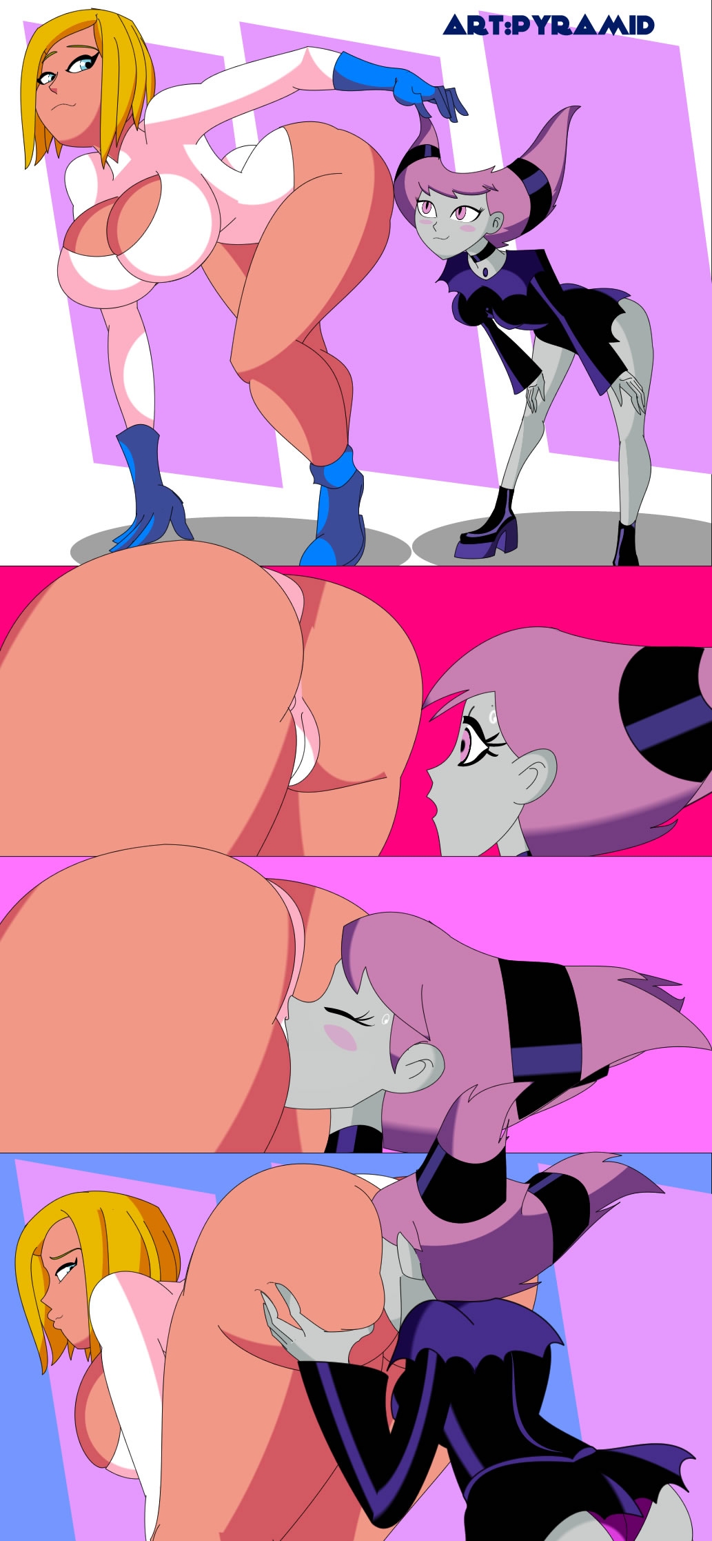 2_girls age_difference all_fours big_ass big_breasts closed_eyes dc_comics face_in_ass hand_on_ass jinx legs looking_back mature_female panties pink_hair power_girl pressed_butt pussylicking pyramid_(artist) teen_titans yellow_hair young_girl yuri