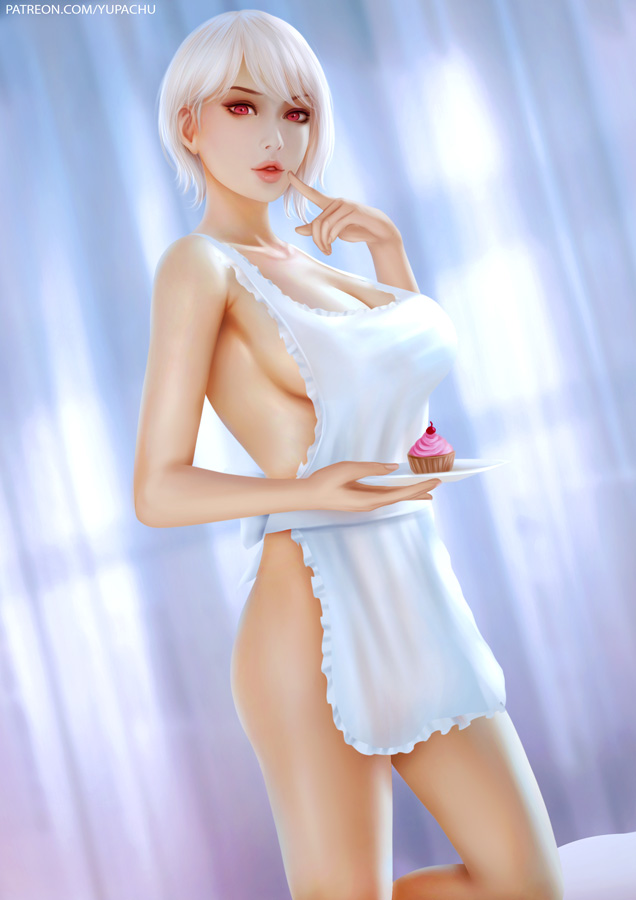 alluring apron breasts cupcake food holding holding_plate naked_apron nakiri_alice nose plate shokugeki_no_souma short_hair yupachu