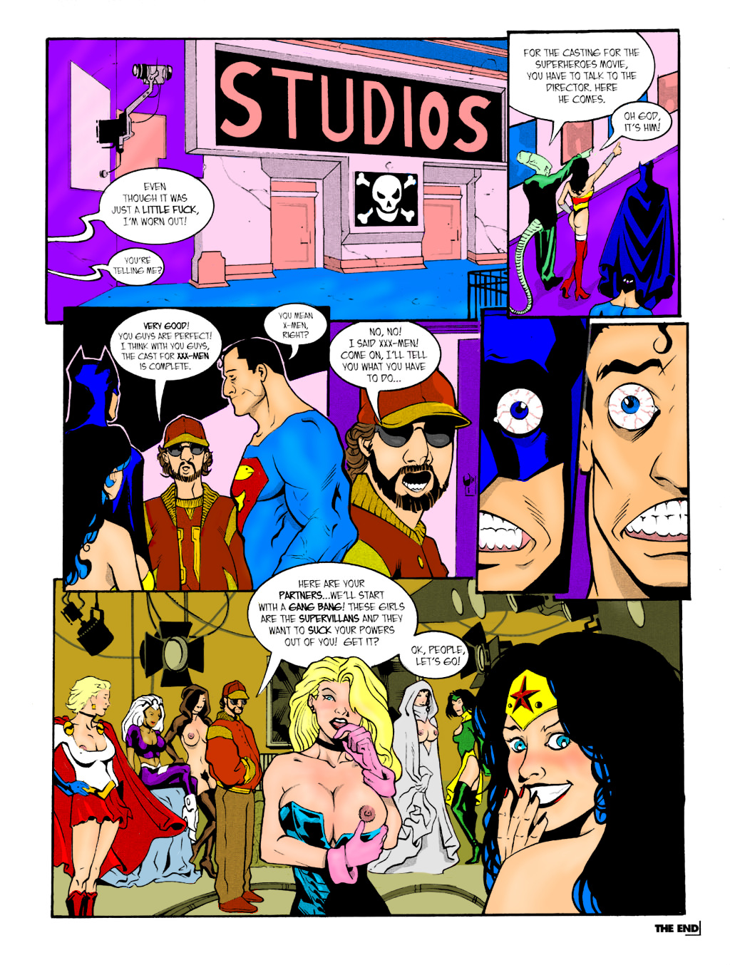 batman big_breasts black_canary breasts comic facial ghost_(character) ghost_(darkhorse_comics) giggling group group_sex hair_over_one_eye huge_breasts imminent_sex justice_league licking nipples nude paizuri power_girl pubic_hair pussy sex storm_(x-men) sucking superhero superheroine superman threesome undressed wonder_woman x-men