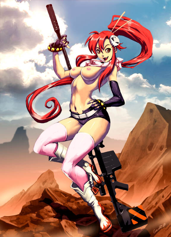 1girl arched_back breasts cloud erect_nipples female female_only genzoman gun looking_at_viewer mountain navel nipples outdoors outside photoshop ponytail red_hair rifle short_shorts shorts sky smile solo tengen_toppa_gurren_lagann thighhighs topless weapon yoko_littner