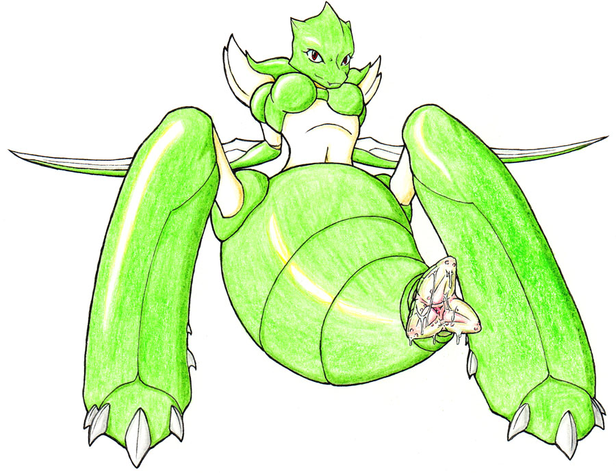 1girl artist_request breasts furry looking_at_viewer nintendo pokemon pussy red_eyes scyther