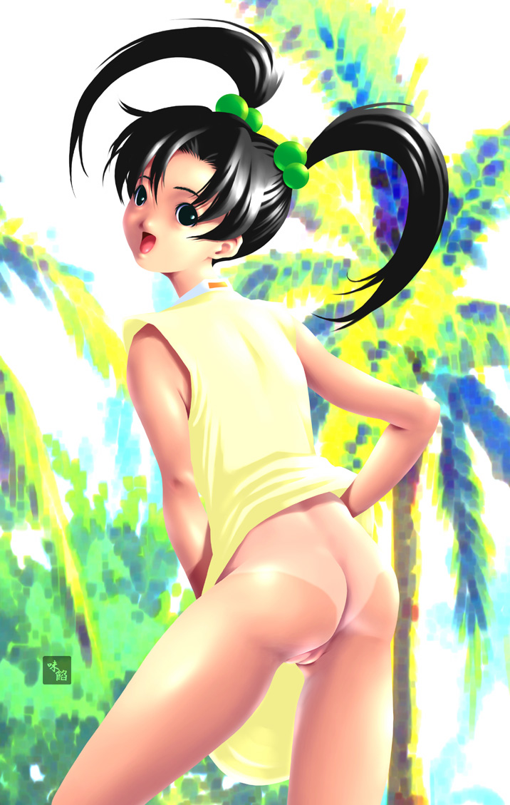 1girl :d ai_yori_aoshi ajian_(feoc) ass back bangs black_eyes black_hair bottomless cg chika_minazuki dress dress_lift flat_chest from_behind hair_bobbles hair_ornament leaf leaning_forward looking_at_viewer looking_back masturbation minazuki_chika nature naughty_face one-piece_tan open_mouth outdoors outside palm_tree parted_bangs public_nudity pussy shiny shiny_hair shiny_skin short_dress short_twintails sleeveless smile solo spread_legs standing sundress tan tanline thighs tree twintails uncensored