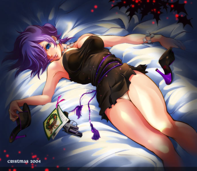 1_female 1_girl 1_human 1girl 2004 bed blue_eyes bracelet breasts chito chitose_(love_strip) christmas cleavage clothed earrings female female_human female_only gun hair high_heels human human_only indoors jewelry jojo's_bizarre_adventure jojo_no_kimyou_na_bouken looking_at_viewer lying necklace panties pink_hair purple_hair shoes solo trish_una underwear weapon