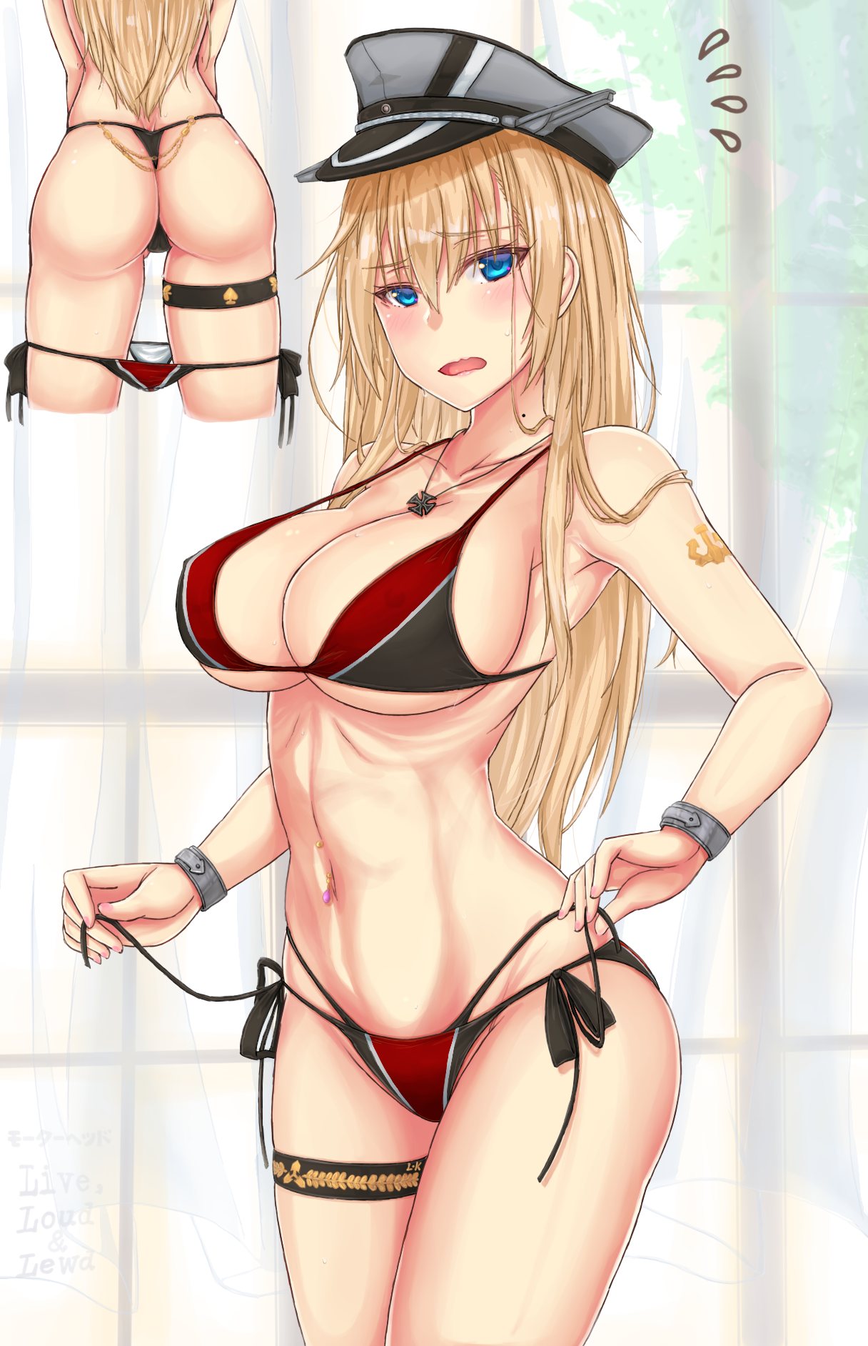 1girl ass bangs bare_shoulders big_breasts bismarck_(kantai_collection) blonde blue_eyes blush breasts clavicle clenched_hand cropped_legs eyebrows_visible_through_hair groin hat high_resolution kantai_collection long_hair looking_at_viewer mickey_dunn multiple_views sidelocks standing swimsuit thighs