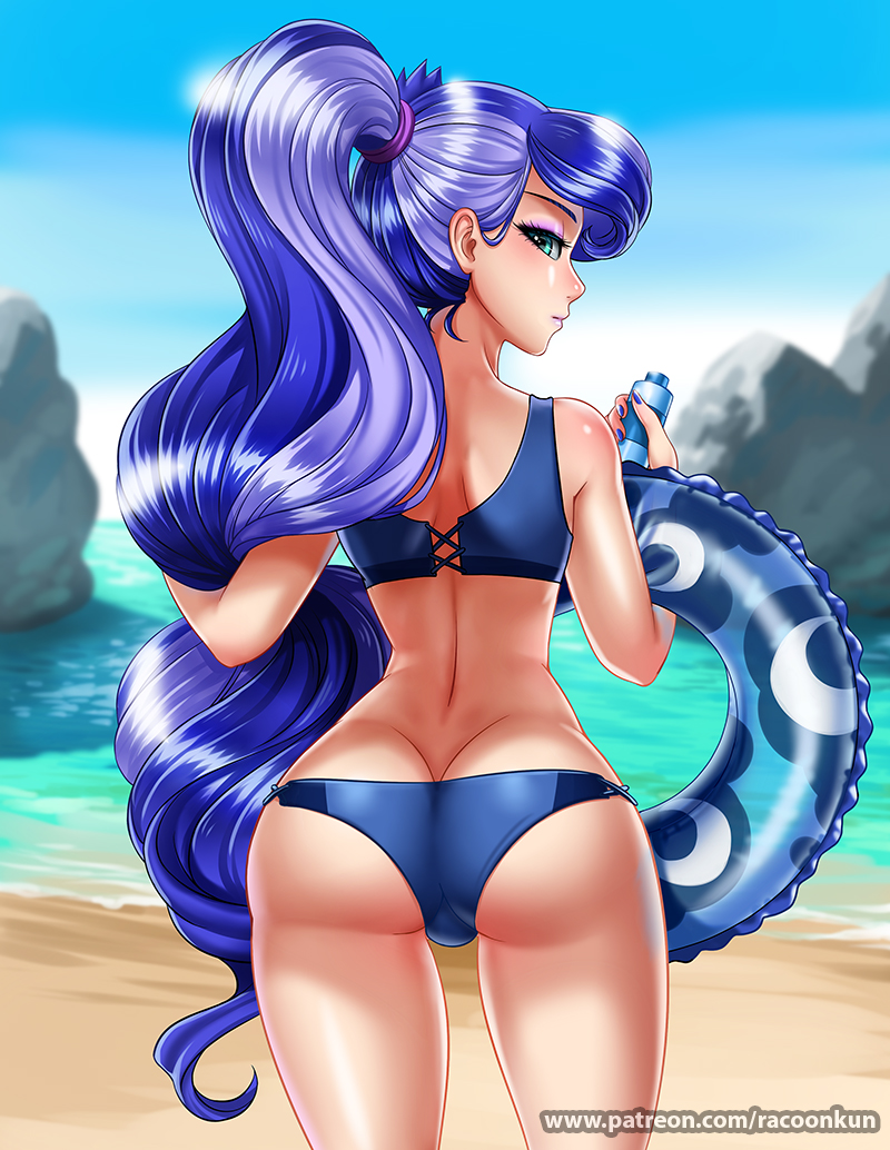 1girl ass beach blue_swimsuit female female_only friendship_is_magic humanized long_hair looking_at_viewer looking_over_shoulder mostly_nude my_little_pony outdoor outside ponytail princess_luna princess_luna_(mlp) racoonkun solo swimsuit thigh_gap
