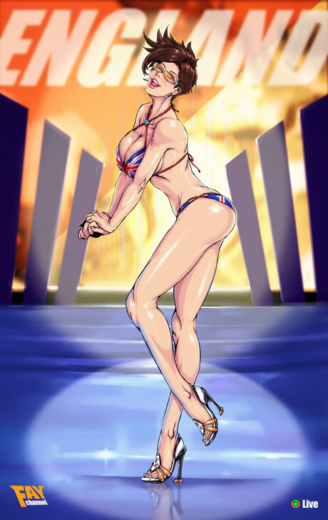 1girl ass big_breasts bikini blizzard_entertainment bra breasts brown_hair cleavage england england_flag english european faymantra female_only flag flag_bikini flag_print high_heels lena_oxton looking_at_viewer open_toe_shoes overwatch posing tank_top tomboy tracer_(overwatch) twink union_jack union_jack_bikini union_jack_tracer