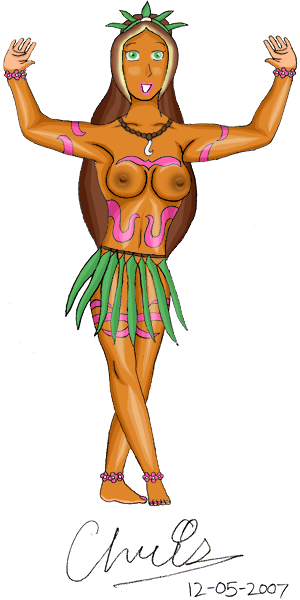 1girl 2007 anklet bad_anatomy bare_breasts barefoot blonde_hair bodypaint brown_hair brown_nipples cclarke countershade_feet countershade_hands dark-skinned_female dark_green_eyes erect_nipples fairy_of_nature female_abs female_focus female_only flora_(winx_club) flower_bracelet full_body grass_skirt green_eyes hair_streak hula leaf_on_head light_palms multicolored_hair nail_polish necklace no_pussy palm/sole_countershade pink_toenails poorly_drawn self_upload simple_background smile solo solo_female tanned_skin teeth topless white_background winx_club