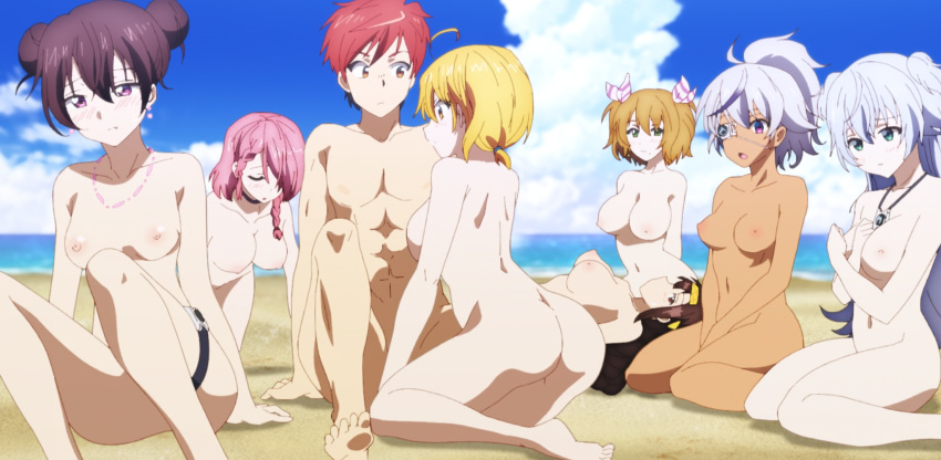 1boy 6girls areola artist_request ass beach blonde_hair breasts character_request dark-skinned_female dark_skin dokyuu_hentai_hxeros earring earrings eyepatch feet muscular_male necklace nipples nude red_hair screencap stitched tagme