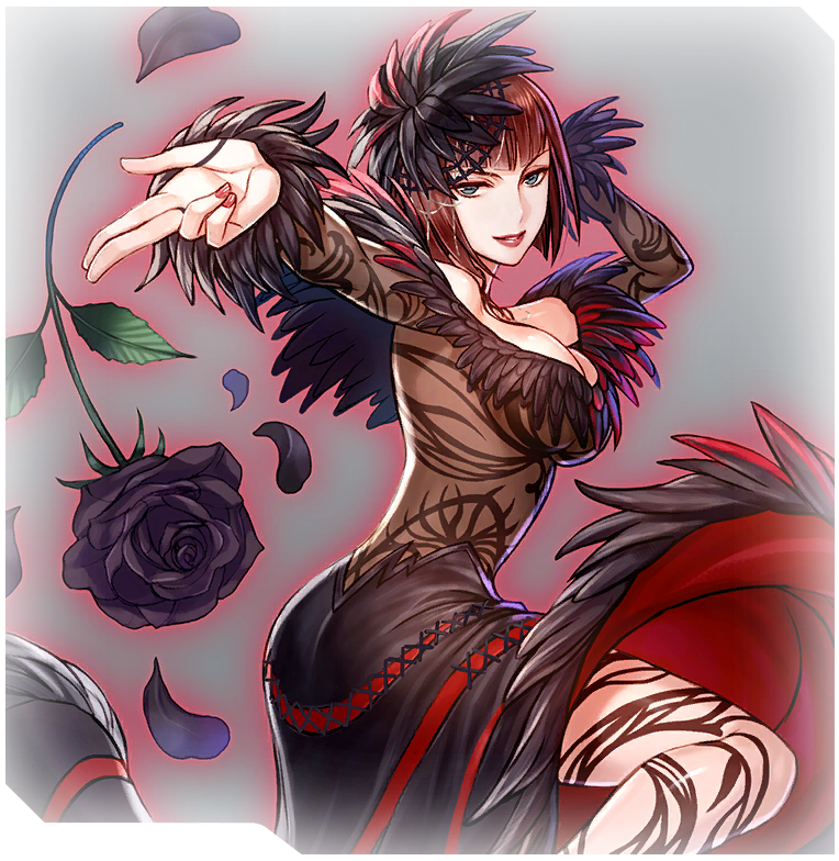 1girl anna_williams big_breasts black_flower black_rose blue_eyes bob_cut breasts brown_hair cleavage dress feather-trimmed_dress feather-trimmed_sleeves flower hair_ornament looking_at_viewer nail_polish namco official_art rose satoko_nakayama seductive_smile see-through see-through_dress smile tekken tekken_1 tekken_2 tekken_3 tekken_7