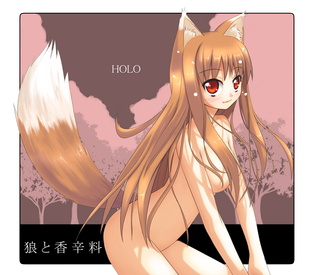 akino_sora animal_ears brown_hair fang holo horo long_hair nude red_eyes spice_and_wolf tail wolf_ears
