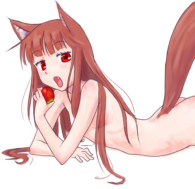 1girl animal_ears apple apples eating food fruit holding holding_apple holding_fruit holo horo red_eyes solo spice_and_wolf tail wolf_ears