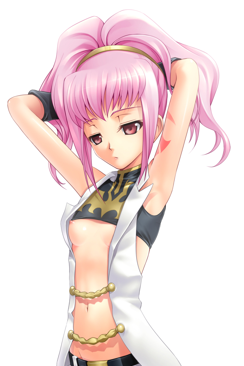 1girl 40010prototype anya_alstreim anya_earlstrathaim armpits arms_behind_head arms_up code_geass crop_top expressionless flat_chest groin hairband highres mound_of_venus navel nipple_slip nipples pink_eyes pink_hair simple_background solo turtleneck white_background