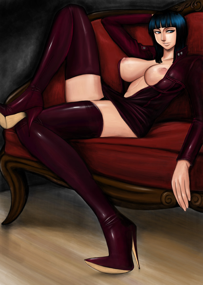 1girl arm_behind_head bangs black_hair blue_eyes blunt_bangs boots breasts breasts_outside couch dress from_side grin half-closed_eyes high_heel_boots high_heels huge_breasts indoors knee_up komii large_breasts legs_crossed long_sleeves looking_to_the_side miniskirt nico_robin nipples no_bra one_piece open_clothes open_dress open_shirt purple_boots purple_legwear reclining shirt shoes short_dress short_hair sitting skirt smile solo stiletto_heels thigh_boots thigh_high_boots thighhighs zettai_ryouiki
