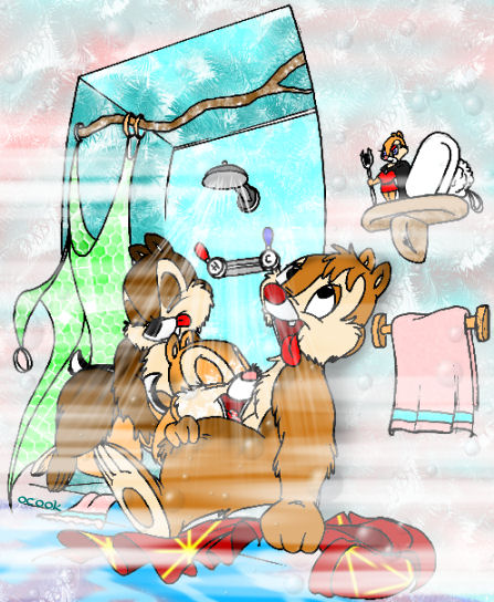 1girl 2boys anthro bath brown_fur buckteeth chip_'n_dale_rescue_rangers chip_(disney) chipmunk clarice_(chip_'n_dale) closed_eyes dale_(disney) disney fellatio from_behind furry half-closed_eyes nude open_mouth oral short_tail shower shower_curtain shower_sex soap tan_fur tongue tongue_out towel trio
