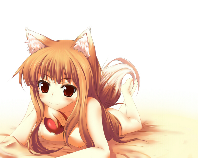 1girl animal_ears apple apples beauty_love brown_hair food fruit holding holding_apple holding_fruit holo horo long_hair lying nipples nude red_eyes spice_and_wolf tail wolf_ears