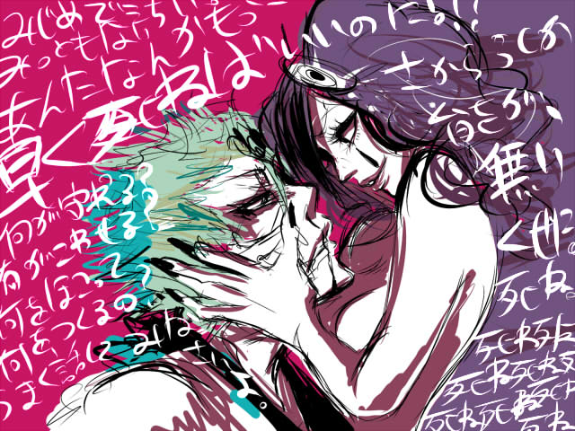 1boy 1girl aqua_hair arrancar bad_hands bleach blue_hair breasts cirucci_sanderwicci embrace espada eye_contact facial_mark gomika-nn-5 grimmjow grimmjow_jaegerjaquez hair_ornament hand_on_another's_face hold holding hug hugging lipstick looking_at_another makeup pattsunko pigtails purple_hair purple_lipstick rough short_twintails smile spiked_hair topless twin_tails wall_of_text wavy_hair whip white wings writing