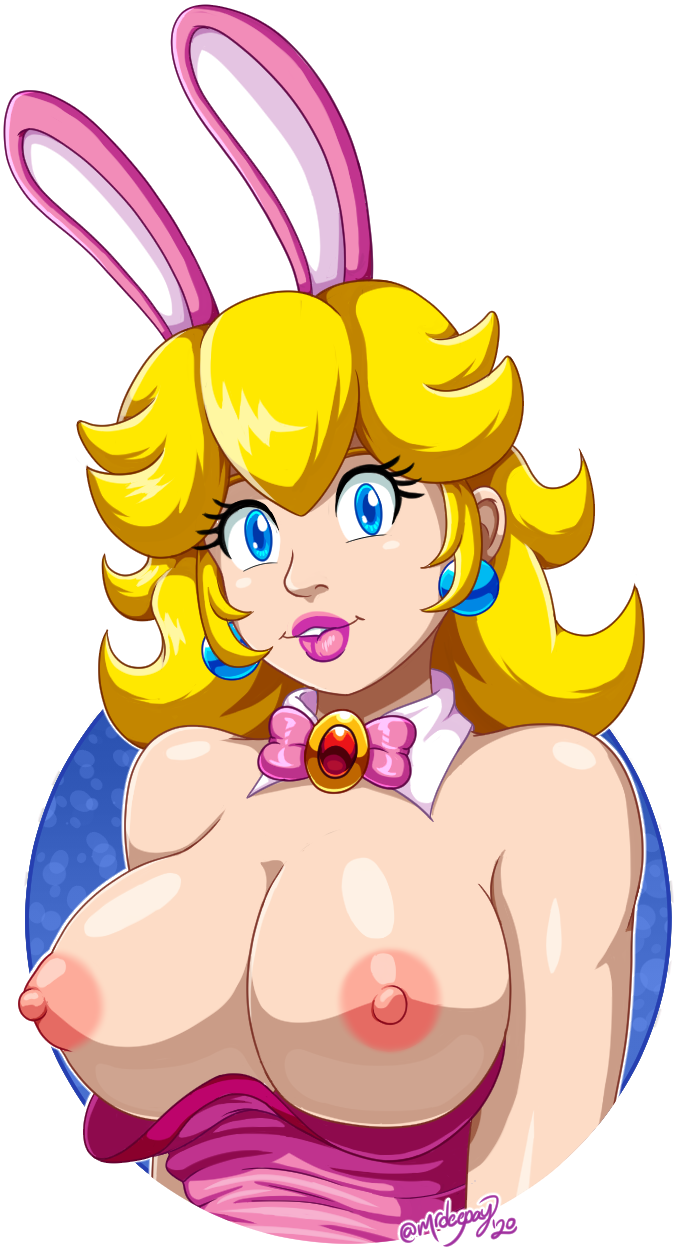 1girl 2020 blonde blonde_hair blue_eyes breasts bunny_ears bunny_girl earrings exposed_breasts female female_human female_only human looking_at_viewer mrdeepay partially_clothed princess_peach solo super_mario_bros. transparent_background