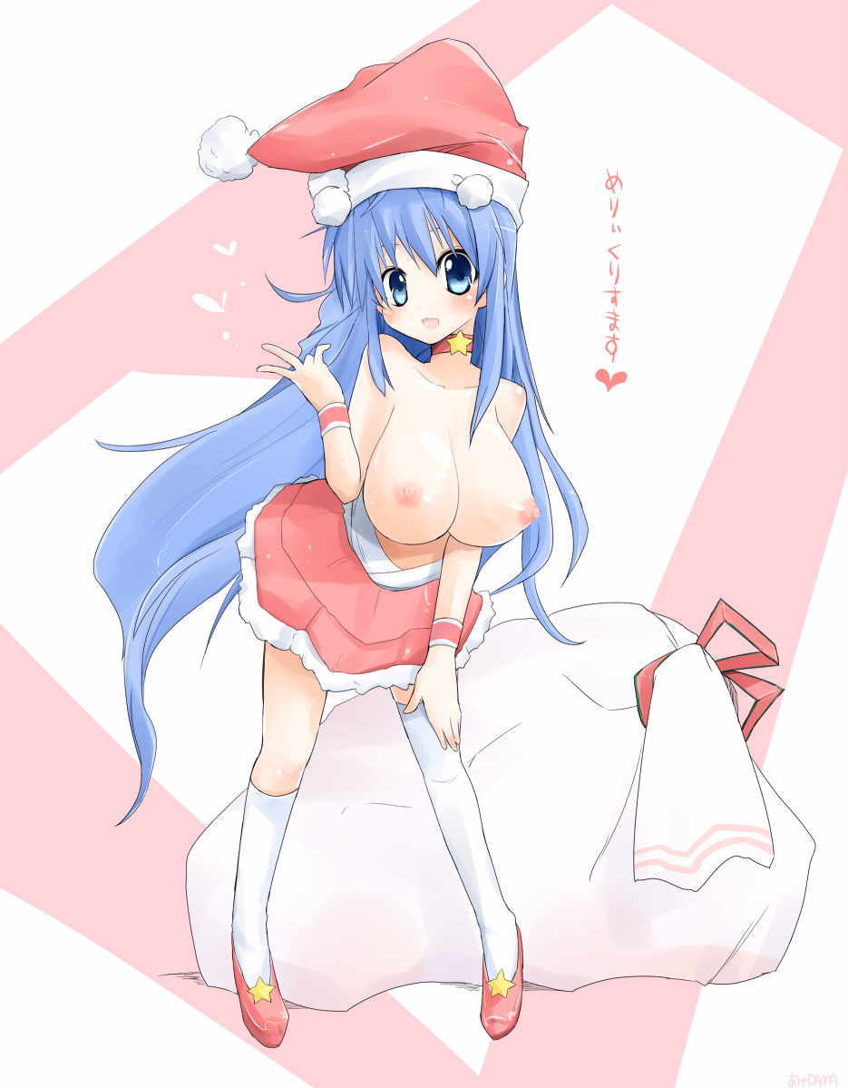 1girl arin blue_eyes blue_hair breasts christmas dama hat huge_breasts jewelry necklace pangya santa_costume santa_hat solo thighhighs translated