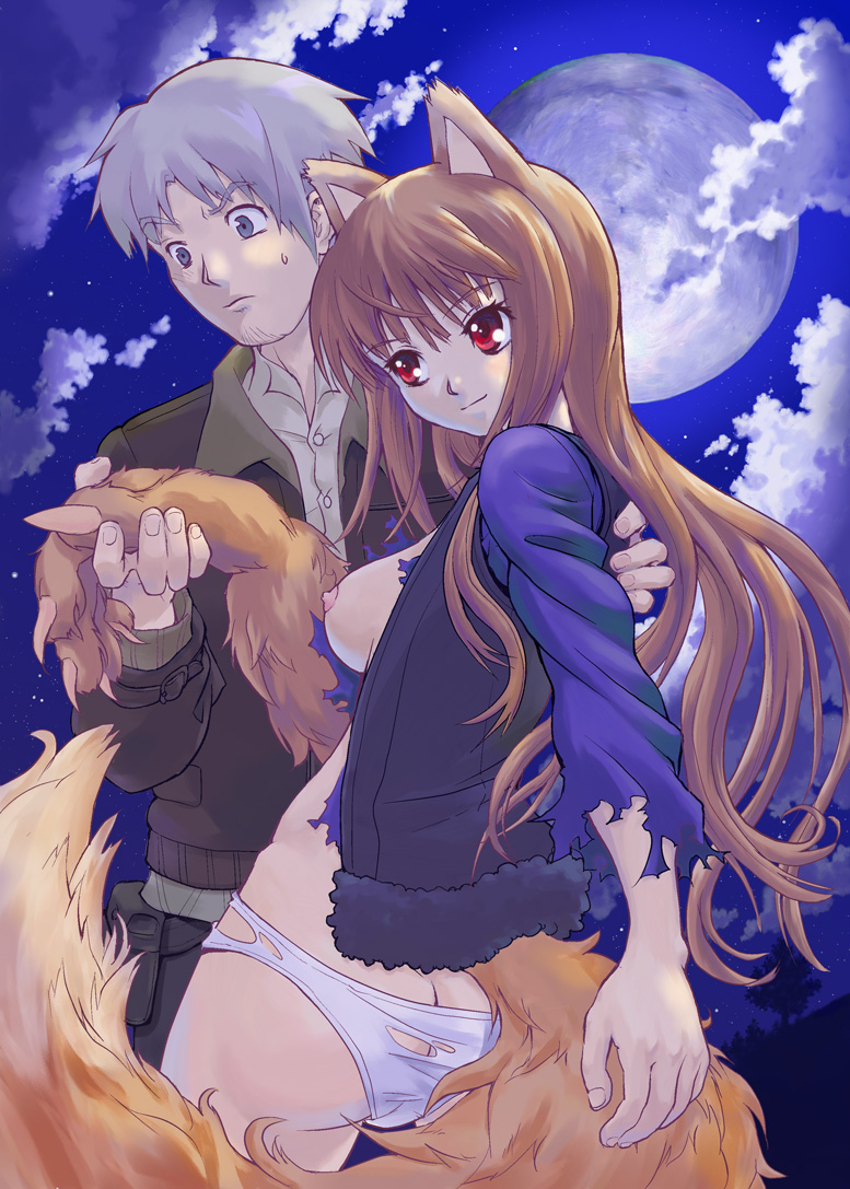 animal_ears breasts brown_hair craft_lawrence holo horo long_hair moon nipples panties short_hair silver_hair spice_and_wolf tail uirou_(pixiv217485) uirou_(uirou1) underwear wolf_ears wolf_tail