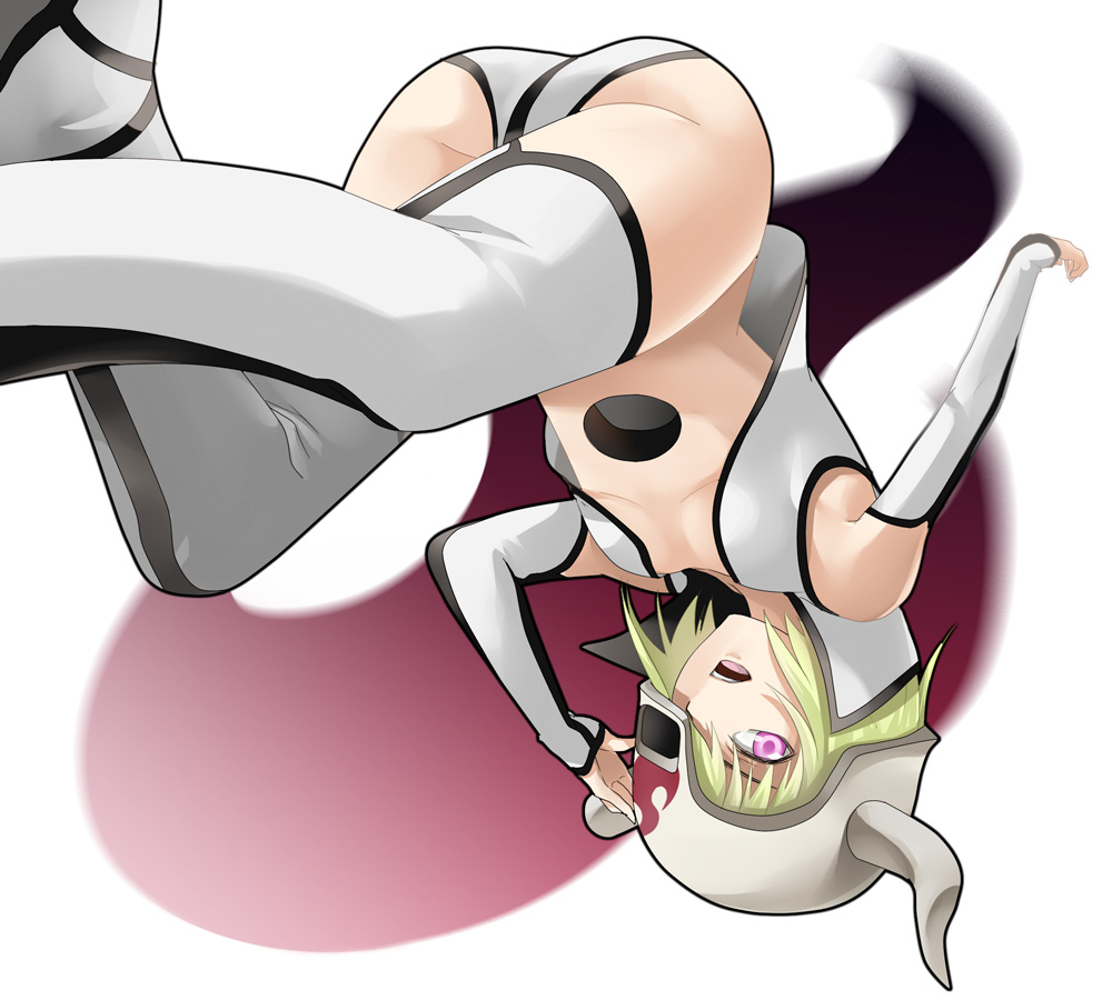 1girl arrancar ass bleach blonde_hair bob_cut boots center_opening detached_sleeves female_only flat_chested gloves green_hair helmet horns kazuki_sanbi lilynette_gingerbuck no_bra open_mouth panties pink_eyes short_hair shorts skull small_breasts solo solo_female thigh_boots underwear upside-down vest white_legwear white_thighhighs