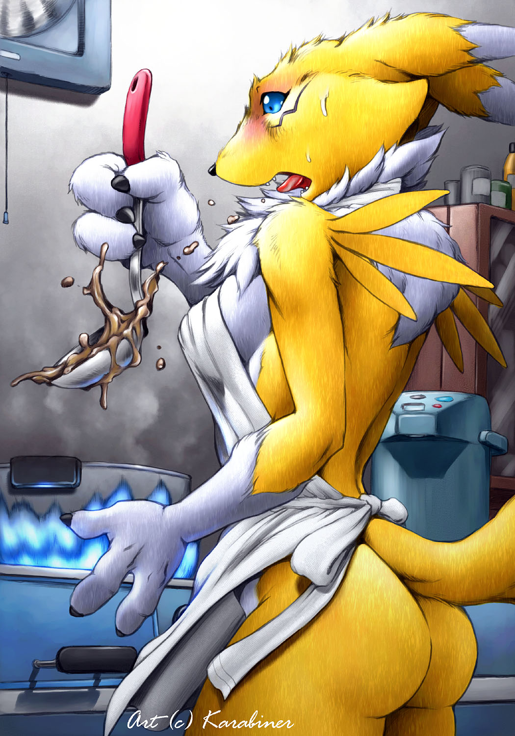 1_anthro 1_female 1_female_anthro 1_girl 3_fingers 3_toes anthro anthro_canine anthro_fox anthro_vixen apron artist_name ass blue_eyes blush breast canine cooking digimon female female_anthro female_anthro_fox female_renamon fire food fox fur furry highres indoor karabiner kitchen naked_apron raised_tail rear_view renamon side_view solo standing sweat tail toei_animation vixen white_fur worried yellow_fur