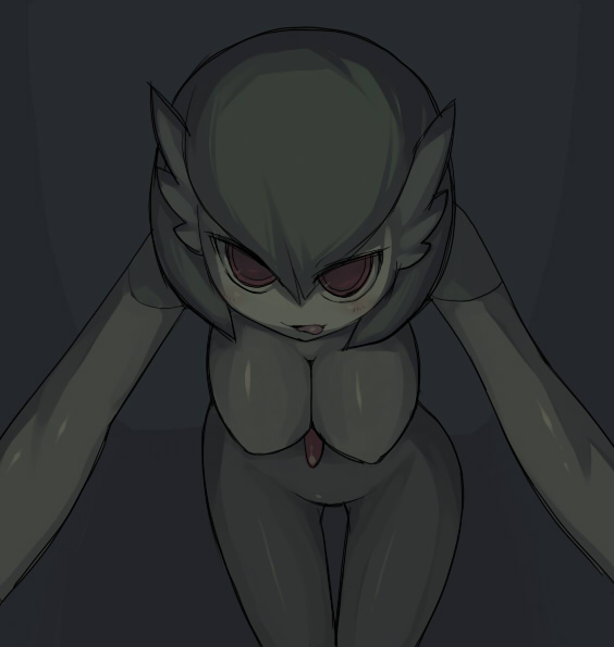 animal bent_over blush breasts cleavage creature dark gardevoir hanging_breasts licking_lips looking_at_viewer masha naughty_face nintendo no_humans pokemon red_eyes solo thigh_gap thighs tongue tongue_out