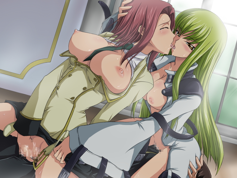 1boy 2girls aquamu between_breasts bisexual breasts c.c. cc censored code_geass cunnilingus facesitting green_hair group_sex kallen_stadtfeld large_breasts lelouch_lamperouge long_hair multiple_girls necktie nipples open_clothes open_shirt oral penis pussylicking red_hair reverse_spitroast sex shirt short_hair sitting sitting_on_face sitting_on_person straddle straddling sweat threesome tongue vaginal yamagarasu yellow_eyes