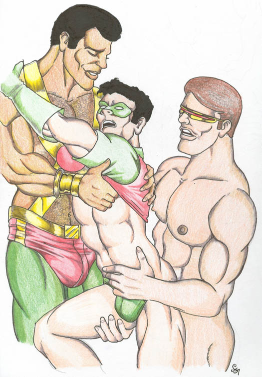 2007 3boys anal bara batman_(series) christian_(artist) crossover cyclops_(x-men) dc dc_comics dick_grayson hairy hawkman human male male/male male_only marvel marvel_comics multiple_boys muscle mutant nude partially_clothed robin scott_summers teen_titans x-men yaoi