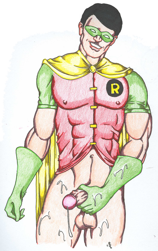 1boy 2006 batman_(series) christian_(artist) cum dc dc_comics dick_grayson human male male_only muscle partially_clothed penis robin solo teen_titans yaoi