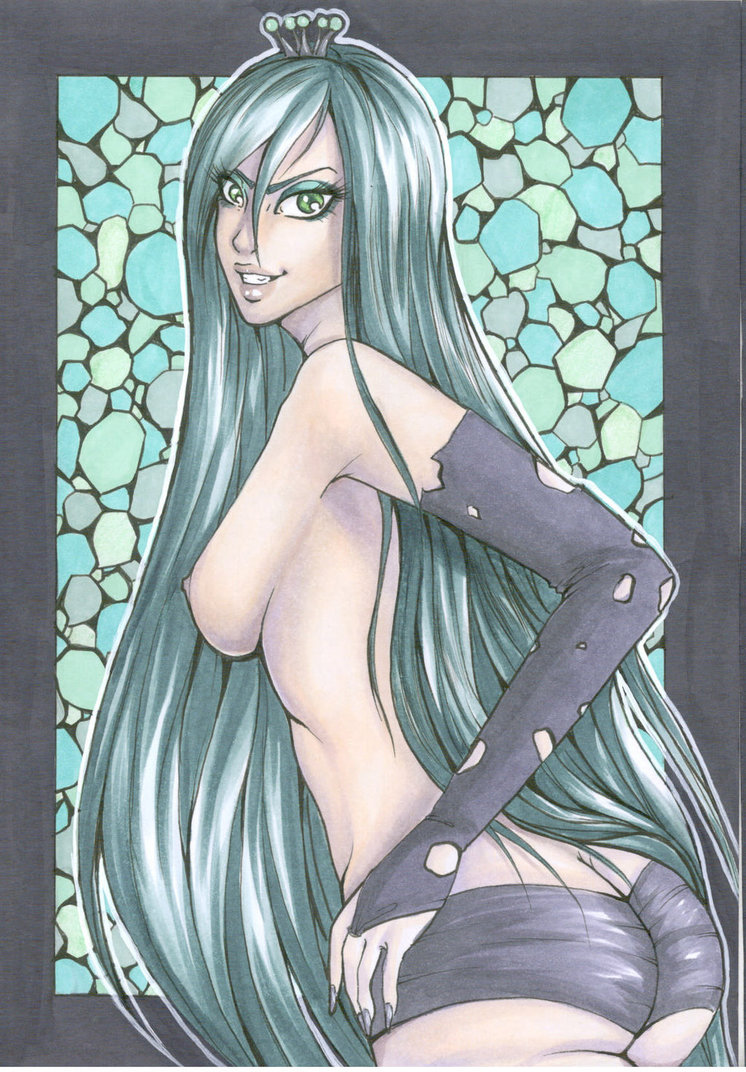 1girl ass crown eyeshadow female female_human female_only friendship_is_magic green_eyes humanized long_hair looking_at_viewer mostly_nude my_little_pony no_bra queen_chrysalis sideboob solo standing