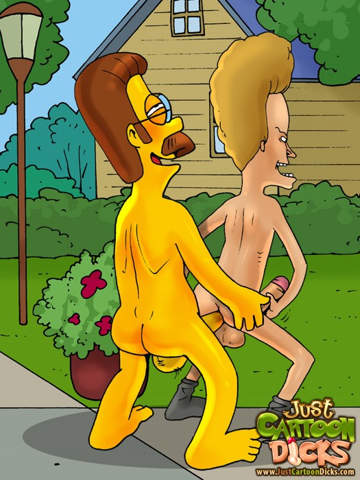 anal ass beavis beavis_and_butt-head crossover from_behind just_cartoon_dicks male_only ned_flanders nude penis smile socks testicles the_simpsons yaoi yellow_skin