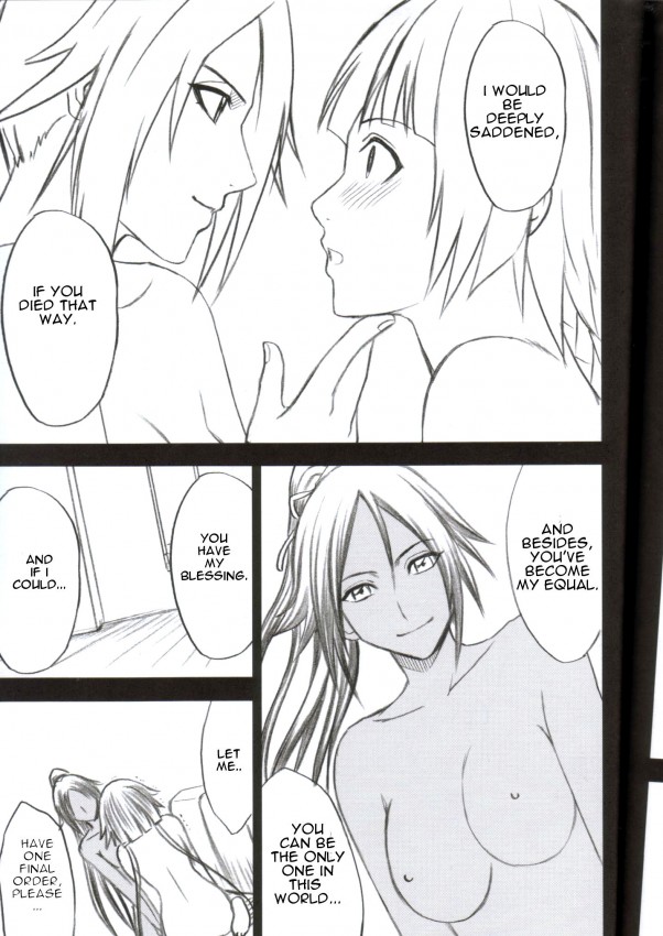 2girls arms back bare_back bare_shoulders bleach blush breasts chest chin comic dark_skin dialogue eyebrows eyelashes female_only females fingernails fingers forehead hair hair_tie looking_at_each_other monochrome neck nipples nude panels ponytail shihouin_yoruichi shoulders small_breasts smile soifon sui_feng text women yoruichi yoruichi_shihouin yuri
