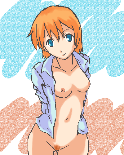 1girl arms_behind_back art artist_request babe blue_eyes bottomless breasts collarbone erect_nipples gym_leader kasumi_(pokemon) looking_at_viewer misty_(pokemon) naked_shirt navel neck nintendo nipples open_clothes open_shirt orange_hair pokemon pokemon_(game) pokemon_gsc pokemon_hgss pubic_hair pussy short short_hair small_breasts smile