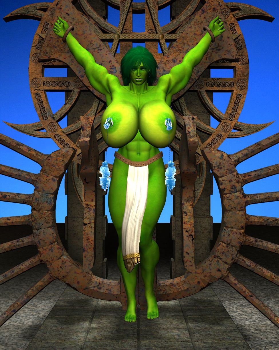3d 3d_(artwork) armpits big_breasts breasts chup@cabra green_hair green_skin huge_breasts hulk_(series) jennifer_walters marvel marvel_comics muscle nipples she-hulk superheroine