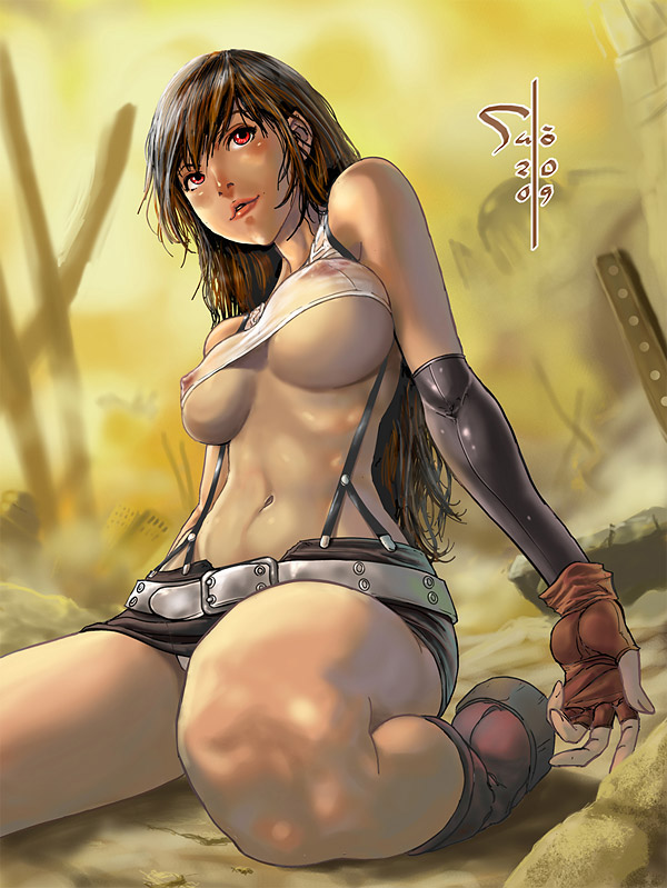 artist_request belly belt blush boots breasts brown_hair curvaceous erect_nipples final_fantasy final_fantasy_vii fingerless_gloves gloves hair large_breasts long_hair looking_away midriff navel nipples oppai realistic red_eyes see-through shitapai sitting suspenders tank_top tifa_lockhart transparent_clothing wide_hips