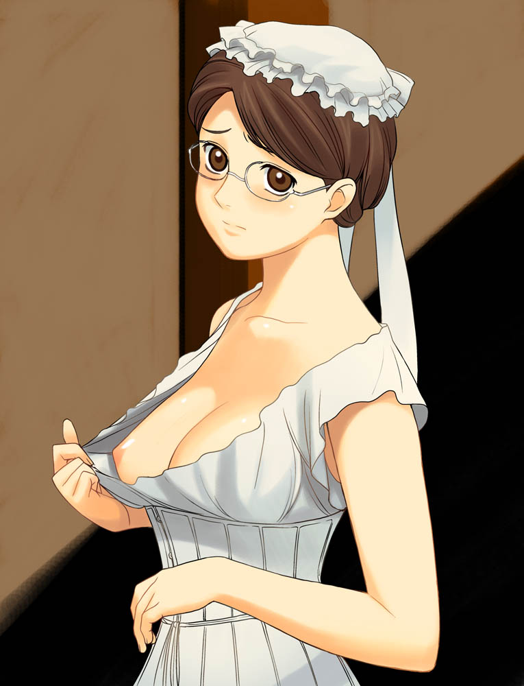 1girl a1 a_victorian_romance bosoms breast_slip breasts brown_eyes brown_hair camisole corset cover cute down_blouse downblouse emma emma_(victorian_romance_emma) glasses hair hair_bun nipple nipples one_breast_out shy solo victorian_romance_emma