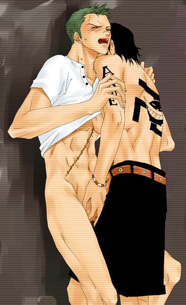 2boys against_wall green_hair handjob male male_focus male_only multiple_boys one_piece penis portgas_d._ace roronoa_zoro tattoo undressing yaoi