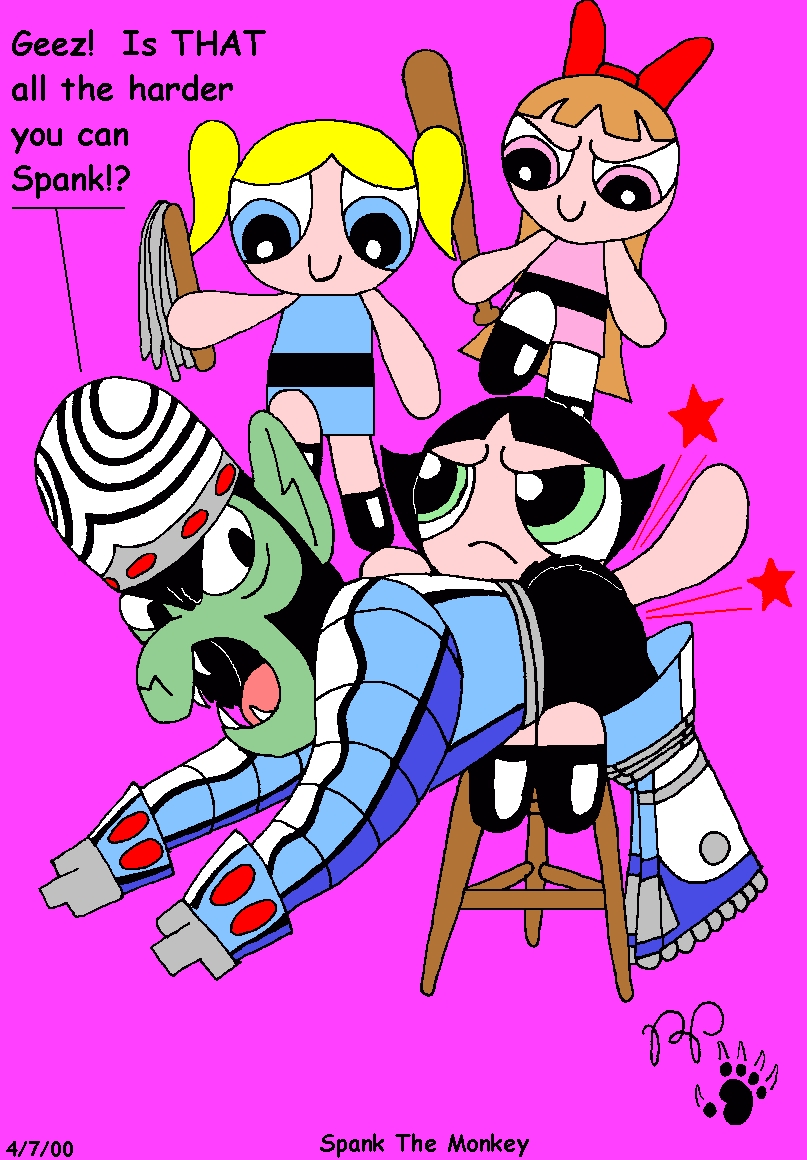 3_girls black_hair blonde_hair blossom_(ppg) blue_eyes bob_cut bubbles_(ppg) buttercup_(ppg) cartoon_network green_eyes kthanid mojo_jojo multiple_girls powerpuff_girls red_eyes red_hair siblings sisters spanking tied_hair twin_tails