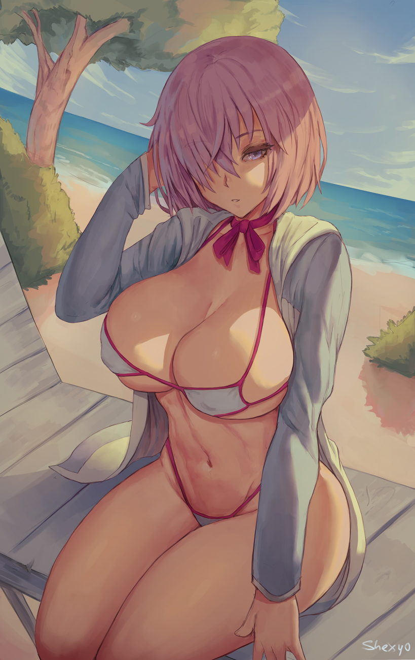 1girl beach bikini bra breasts erect_nipples evening feet_out_of_frame hand_in_hair legs looking_at_viewer mashu_kyrielite navel neck_tie nipples nipples_visible_through_clothing open_mouth pink_hair purple_eyes shexyo short_hair sitting solo solo_female thighs white_panties